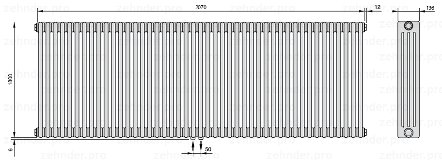 Схема (чертеж) Радиатор Zehnder Charleston 4180/45 №3470 Белый глянцевый RAL 9016